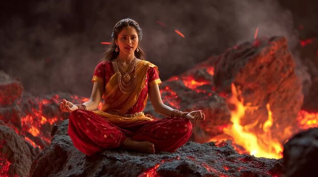 Goddess Parvati in deep meditation seated on a volcanic rock, divine and serene depiction of spiritual focus