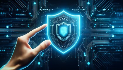 a hand touching a glowing antivirus security interface with a circuit board background futuristic cybersecurity concept with digital protection ai generative