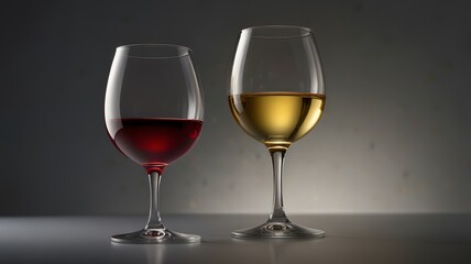 elegant glasses of red and white wine, standing side-by-side on a reflective surface against a dark, textured background. Wine tasting concept