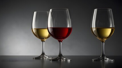 elegant glasses of red and white wine, standing side-by-side on a reflective surface against a dark, textured background. Wine tasting concept