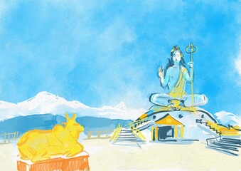 watercolor painting of the Shiva statue in India