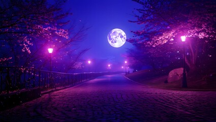 Obraz premium Moonlit path with cherry blossoms and street lamps under a vibrant night sky scene