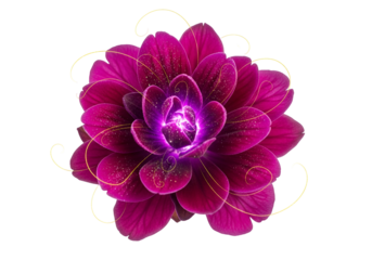 A radiant, deep crimson flower, embellished with delicate gold swirls, glows brilliantly against a stark black backdrop.
