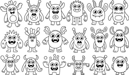 Collection of 18 unique cartoon monsters in black and white outline style Keywords: monster, monsters © rayhan039
