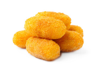 Many delicious fried croquettes isolated on white