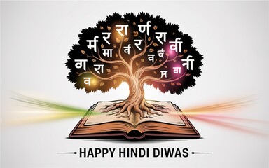 Modern Hindi Diwas poster highlighting education and cultural pride.
