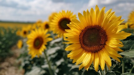 Fototapeta premium Sunflower field glowing with golden petals, spreading across verdant farmland under warm sunlight, representing agricultural abundance and natural summer vibrancy
