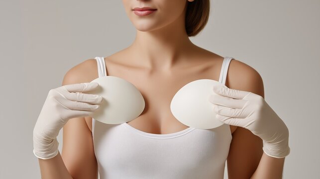 Female surgeon wearing a white tank top and surgical gloves, holding silicone breast implants while preparing for augmentation mammoplasty surgery in a clinical setting