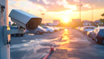 "Surveillance camera overlooking parking lot at sunset with vibrant sky and parked cars, symbolizing security and urban contrast"