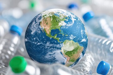 Planet Earth drowning in plastic bottles raising environmental pollution awareness