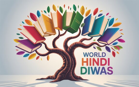 Hindi Diwas, Colorful book tree symbolizing World Hindi Diwas celebration.