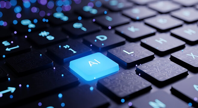 Artificial intelligence concept represented by a glowing blue AI button on a futuristic computer keyboard with digital data streams