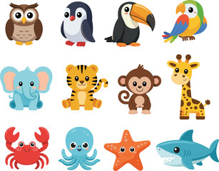 Twelve cute cartoon animals including owl penguin toucan parrot elephant tiger Keywords: owl penguin