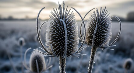 Frozen Thistle Plants in Winter Field.
