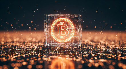 Bitcoin Symbol Glowing in Digital Cube on Electronic Circuit Board with Bokeh Lights