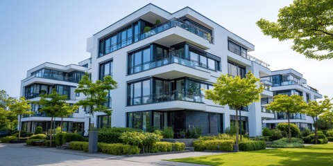 Obraz premium Modern luxury apartment building with greenery and balconies