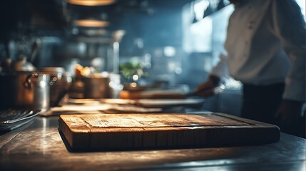 Fototapeta premium Professional Kitchen Scene with Chef Preparing Food in a Bustling Atmosphere