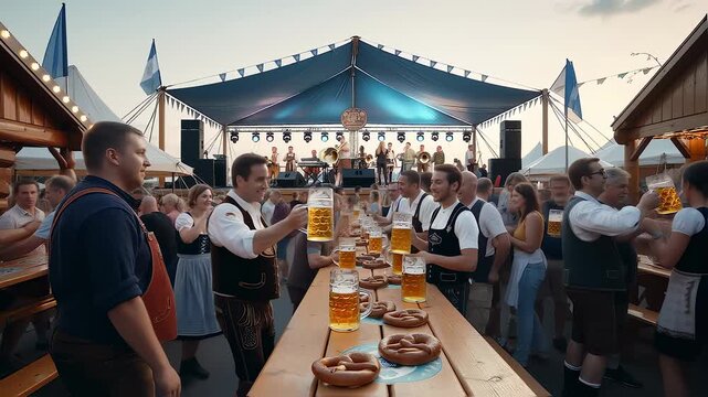 Energetic waiters are serving large beer steins and pretzels to a cheerful crowd at a lively oktoberfest celebration, with a band playing in the background under a festive tent
