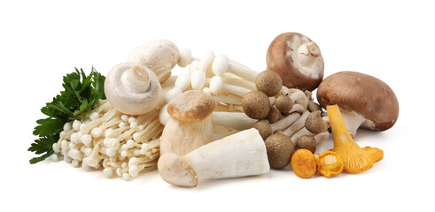 Different raw mushrooms and parsley isolated on white