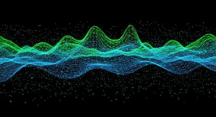 Abstract digital waveform landscape glowing with blue and green hues representing data and sound waves