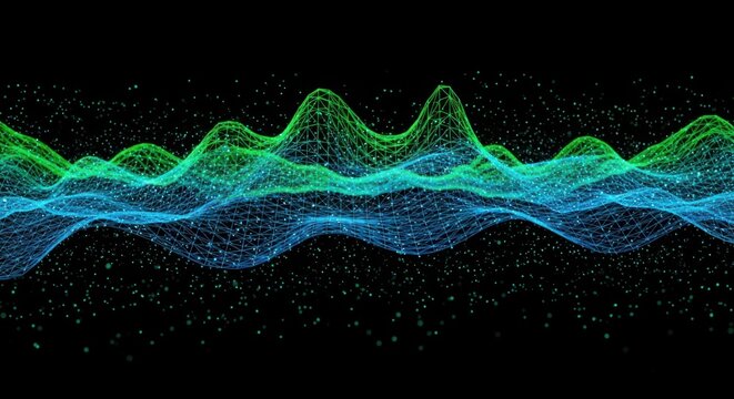 Abstract digital waveform landscape glowing with blue and green hues representing data and sound waves