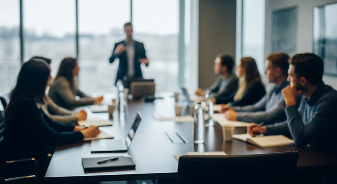 Corporate leader presenting strategic insights to a focused team during a collaborative business meeting in a modern boardroom