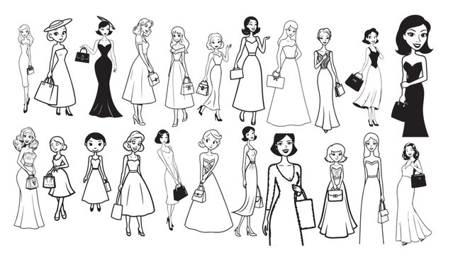 Beautiful Woman Formal Dress Standing Hold Bag Silhouette 2D Cartoon Character Black White Background