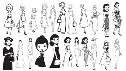 Beautiful Woman Formal Dress Standing Hold Bag Silhouette 2D Cartoon Character Black White Background