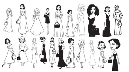 Beautiful Woman Formal Dress Standing Hold Bag Silhouette 2D Cartoon Character Black White Background