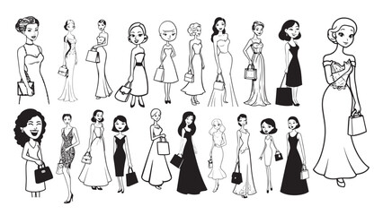 Beautiful Woman Formal Dress Standing Hold Bag Silhouette 2D Cartoon Character Black White Background