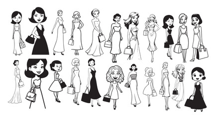 Beautiful Woman Formal Dress Standing Hold Bag Silhouette 2D Cartoon Character Black White Background