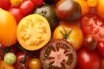 Different ripe juicy tomatoes as background, closeup