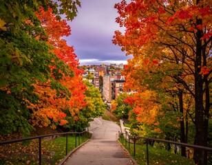 Naklejka premium Autumnal city vista. A path through colorful trees leads to a town