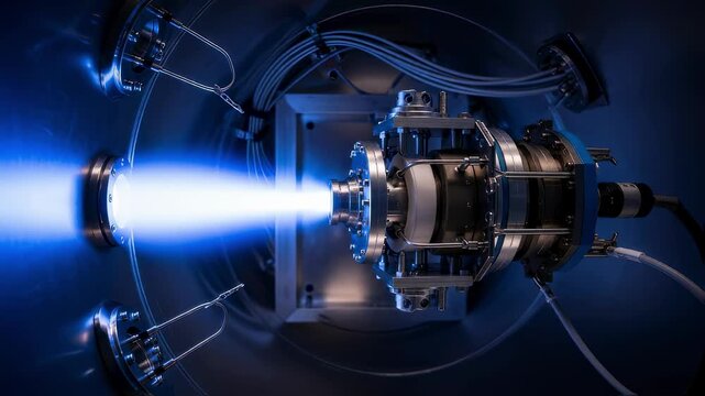 Vacuum chamber interior illuminated by the bright discharge of a satellite ion thruster demonstrating thrust generation principles.