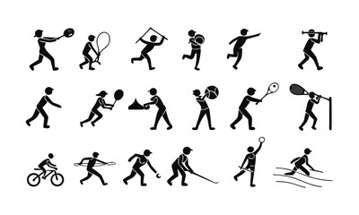 Sports Activity Stick Figure Icon Set &ndash; Vector Silhouette Pack of Running, Swimming, Cycling, Football, Basketball, Tennis, Archery, Boxing, Martial Arts, Yoga and More, easily editable and scalable.