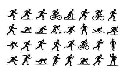 Sports Activity Stick Figure Icon Set – Vector Silhouette Pack of Running, Swimming, Cycling, Football, Basketball, Tennis, Archery, Boxing, Martial Arts, Yoga and More, easily editable and scalable.