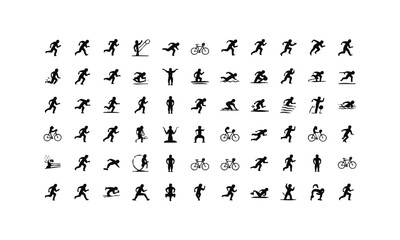 Sports Activity Stick Figure Icon Set – Vector Silhouette Pack of Running, Swimming, Cycling, Football, Basketball, Tennis, Archery, Boxing, Martial Arts, Yoga and More, easily editable and scalable.