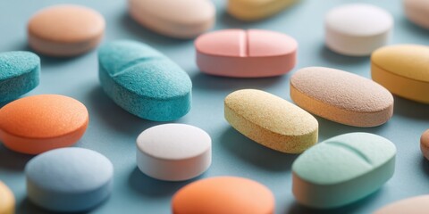 The colorful assortment of tablets and pills on a soft blue background.