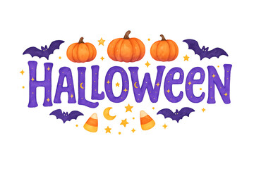 Halloween pumpkins and bats illustration with purple lettering