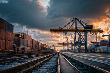 Naklejka premium Cargo train loading containers in vast port filled with cranes and infrastructure beneath a moody cloudy sunrise