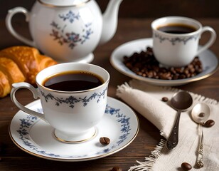Elegant coffee and pastry set on wooden table