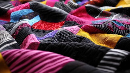 Close-up view of a colorful, textured textile composed of various knitted sock pieces.