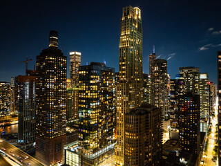  Chicago Architecture at Night Drone View with Illuminated Skyline”