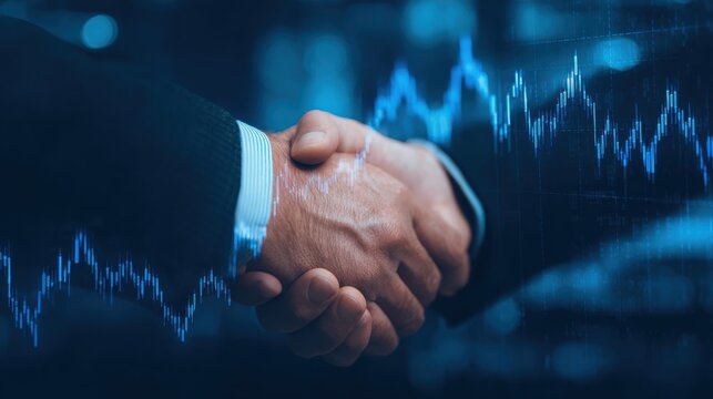 Businessmen shaking hands against the background of a stock market graph, a sign of success and business collaboration concept.