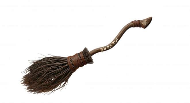 Old witch broomstick with magic symbols isolated on transparent background