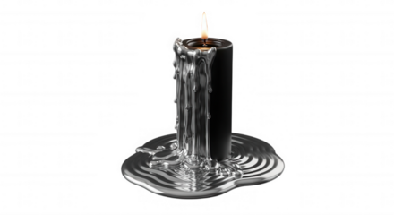 Black candle with dripping wax isolated on transparent background