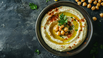 Elegant Hummus Plate with Chickpeas, Pomegranate, and Microgreens