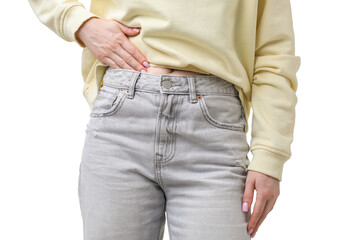 Woman suffering from cystitis symptoms on white background, closeup