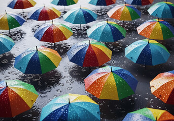 Fototapeta premium Many colorful umbrellas open in the rain on a wet surface water