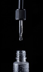 Clear Dropper Bottle Dripping Liquid Black Background